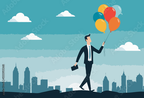 Year 2025 vision, achievement or plan for success, career target or economic forecast, aspiration to work success, new year resolution concept, businessman flying with 2025 balloons with telescop