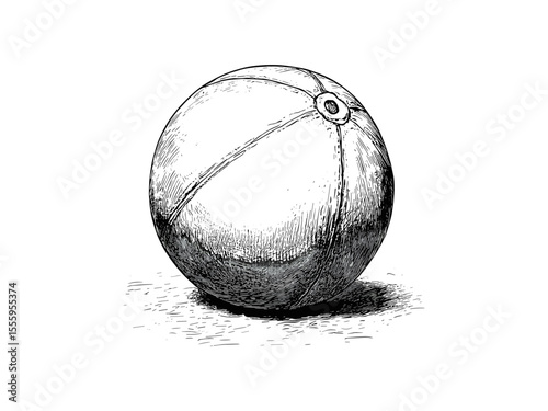 Vintage engraved beach ball, summer holiday toy, retro black line sketch, hand-drawn seasonal illustration, old engraving style, trendy motif, classic summer decor, nostalgic art