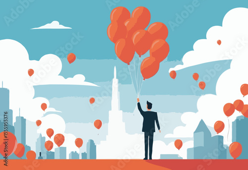 Year 2025 vision, achievement or plan for success, career target or economic forecast, aspiration to work success, new year resolution concept, businessman flying with 2025 balloons with telescop