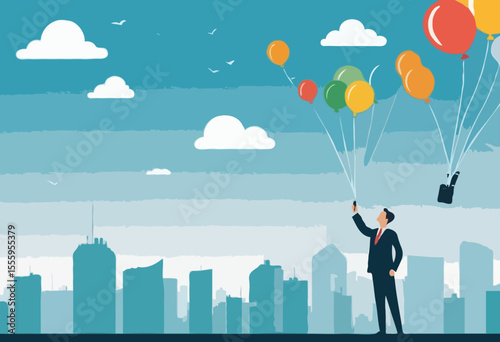 Year 2025 vision, achievement or plan for success, career target or economic forecast, aspiration to work success, new year resolution concept, businessman flying with 2025 balloons with telescop