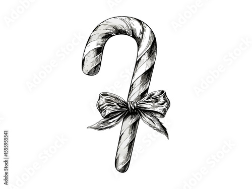 Vintage engraved candy cane illustration, retro hand-drawn holiday sweet, Christmas sketch in antique black line engraving style, seasonal festive art, classic winter design