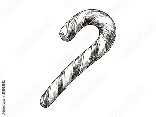 Antique black line engraved candy cane, vintage Christmas sketch, retro hand-drawn holiday sweet, old engraving style, seasonal festive illustration, classic winter holiday art