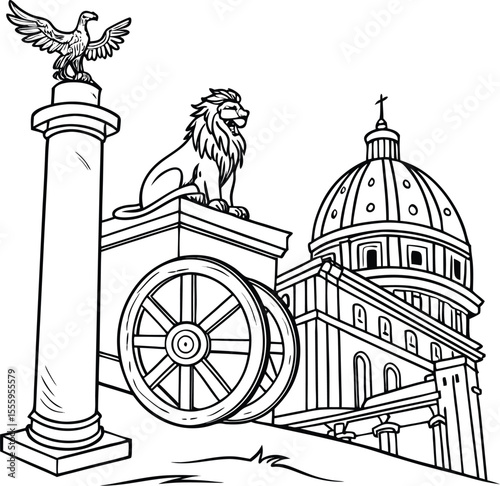 Ancient Greek vector illustration featuring a classical city, temple, and church architecture, evoking the historical landmarks of Europe