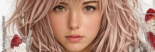 Young Woman with Flowing Hair and Delicate Floral Accents