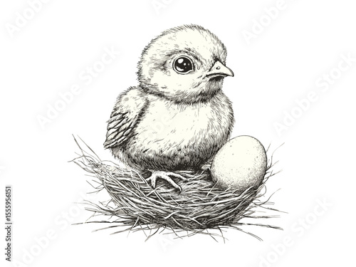Vintage Easter chick engraving, black sketch style, hand-drawn spring animal, seasonal holiday illustration, old engraving technique, trendy rustic decor, classic festive art