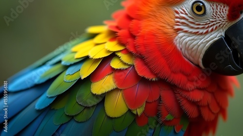 A close-up photograph of a colorful parrot's feathers, showcasing the vibrant patterns and textures