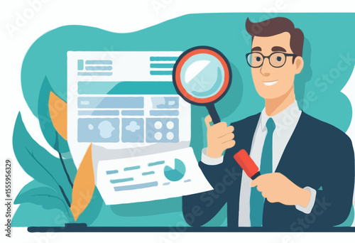 Invoice, bill or total amount to pay for service, charge for price calculation or finance payment system, accounting, quotation and receipt concept, businessman holding magnifier on invoice document