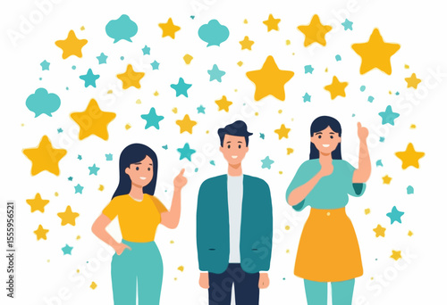 Customer feedback, user experience or client satisfaction, opinion for product and services, review rating or evaluation concept, young adult people giving emoticon feedback such as stars, thumbs u