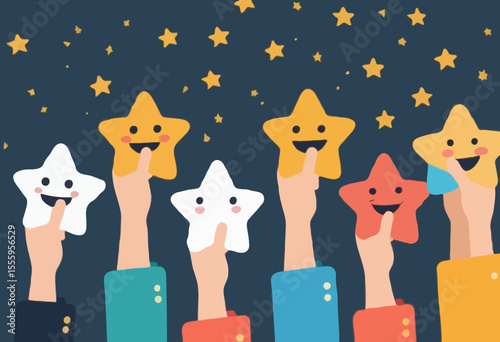 Customer feedback, user experience or client satisfaction, opinion for product and services, review rating or evaluation concept, young adult people giving emoticon feedback such as stars, thumbs u