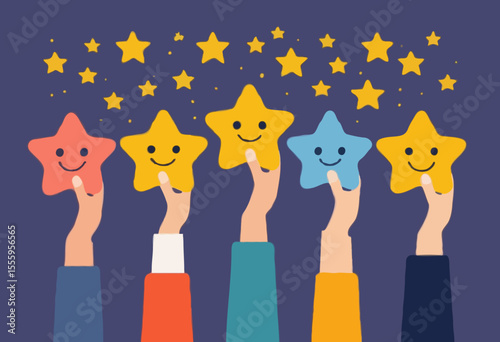 Customer feedback, user experience or client satisfaction, opinion for product and services, review rating or evaluation concept, young adult people giving emoticon feedback such as stars, thumbs u