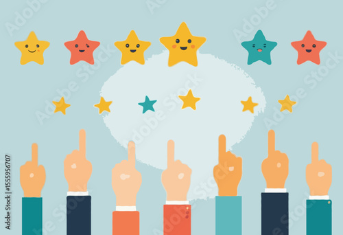 Customer feedback, user experience or client satisfaction, opinion for product and services, review rating or evaluation concept, young adult people giving emoticon feedback such as stars, thumbs u