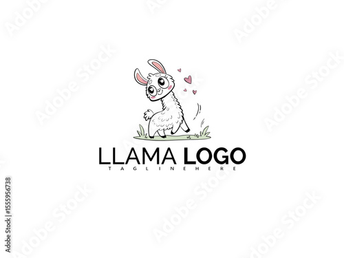 Kawaii Llama Logo Clipart with Pink Cheeks and Heart Details. Vector Mascot Design Perfect for Kid Products, Toy Packaging, Baby Clothes, and Whimsical Brand Identity.

