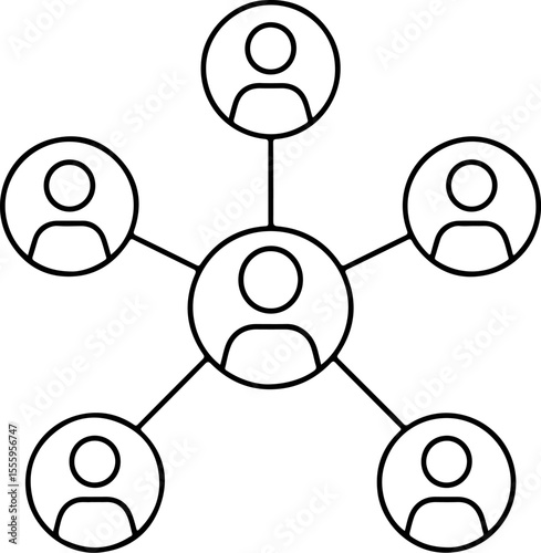 Abstract network of people icons connected in a central hub and spoke design