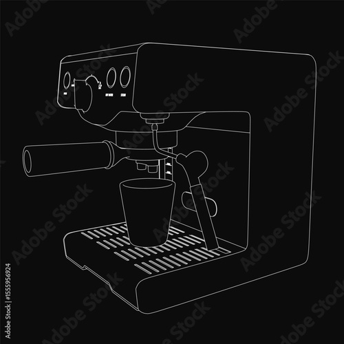 A black and white sketch of a coffee machine with a steaming cup placed in front, featuring clean line art and a dark textured background. The illustration has a retro aesthetic with detailed.