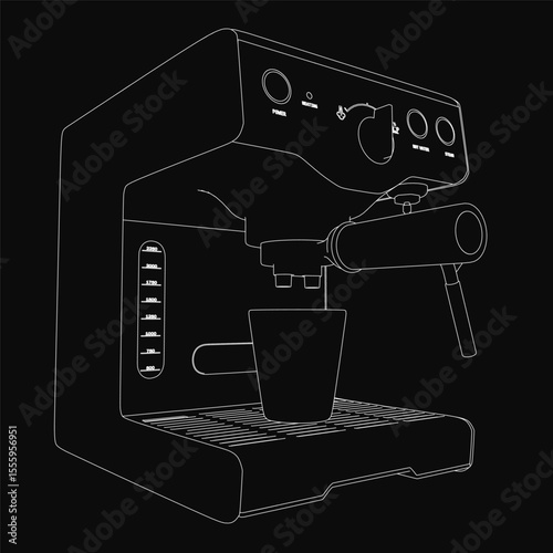 A black and white sketch of a coffee machine with a steaming cup placed in front, featuring clean line art and a dark background for contrast. The minimalist design highlights the machine's details.
