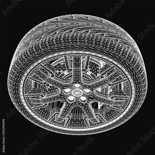 A black and white car wheel with intricate line patterns stands out against a dark background. The detailed geometric design creates a bold, artistic focal point.