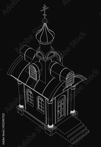 A black and white drawing of a chapel features a tall steeple topped with a cross, standing against a dark, moody background. The detailed sketch highlights the church's gothic architecture