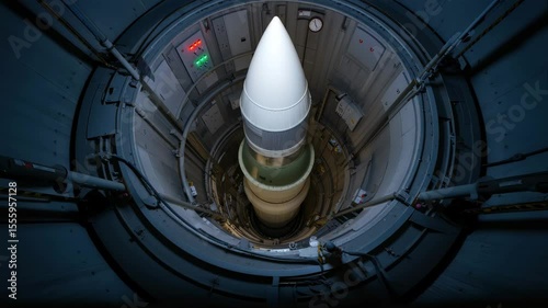 An inside look at a secure underground facility showcasing a missile sitting in its launch position. Dim lighting highlights the technical equipment surrounding it, indicating readiness for operation
