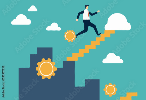 Best practices development, strategy to success or improvement, planning, progress or implementation process, efficiency or productivity concept, businessman running up stair on cogwheel gears system