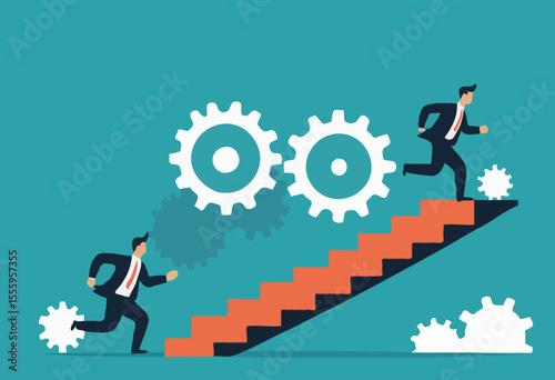 Best practices development, strategy to success or improvement, planning, progress or implementation process, efficiency or productivity concept, businessman running up stair on cogwheel gears system