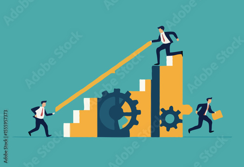 Best practices development, strategy to success or improvement, planning, progress or implementation process, efficiency or productivity concept, businessman running up stair on cogwheel gears system