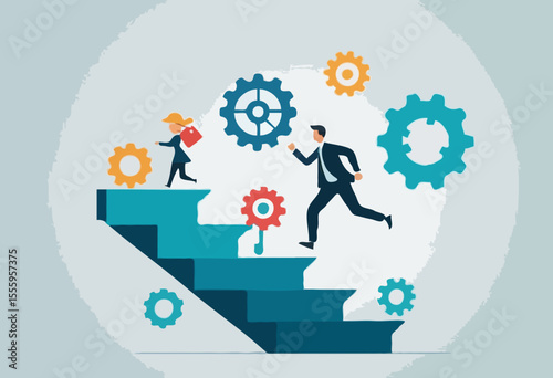 Best practices development, strategy to success or improvement, planning, progress or implementation process, efficiency or productivity concept, businessman running up stair on cogwheel gears system
