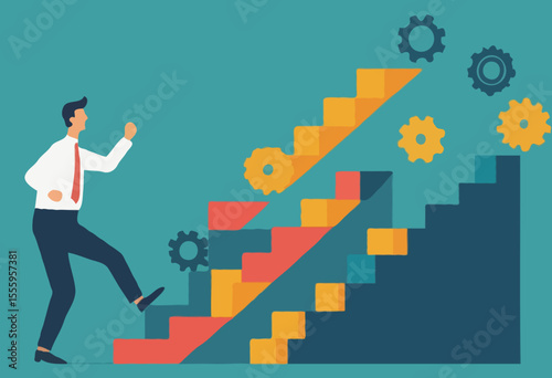 Best practices development, strategy to success or improvement, planning, progress or implementation process, efficiency or productivity concept, businessman running up stair on cogwheel gears system