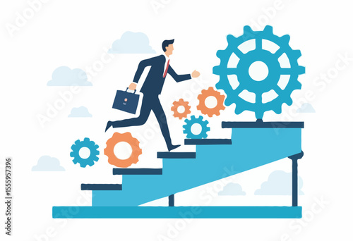 Best practices development, strategy to success or improvement, planning, progress or implementation process, efficiency or productivity concept, businessman running up stair on cogwheel gears system