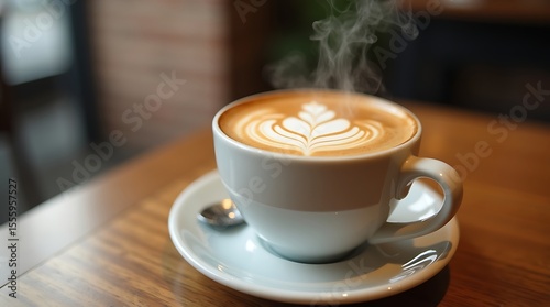 A close-up photograph of a steaming cup of coffee with latte art, placed on a wooden table