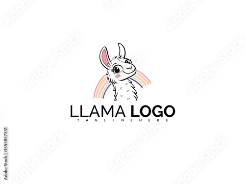 Kawaii Style Cartoon Llama Logo Vector with Sparkly Accessories. Adorable Alpaca Clipart for Children's Brands, Clothing Labels, Toy Boxes, and Nursery-Themed Products.


