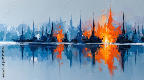 Abstract oil painting with light pastel colors, oil on canvas white, marine blue and amber orange, wallpaper, background, use of palette knives, realistic hyper-detail