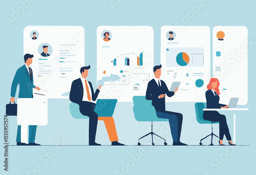 Employee management system, attendance or candidate analysis, customer management system, CRM or recruitment applicant system concept, businessman manage people with employee online application