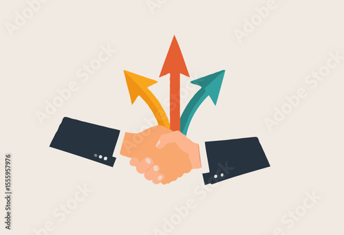 Cooperation partnership, work together for success, team collaboration, agreement or negotiation, collaborate concept, businessmen handshake on growth arrow joining connection agree to work together