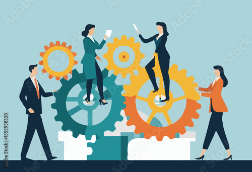 Team working together, teamwork, organization or employee collaboration for success, community or meeting agreement, cooperation concept, businessman woman, people on gear cogwheel working together