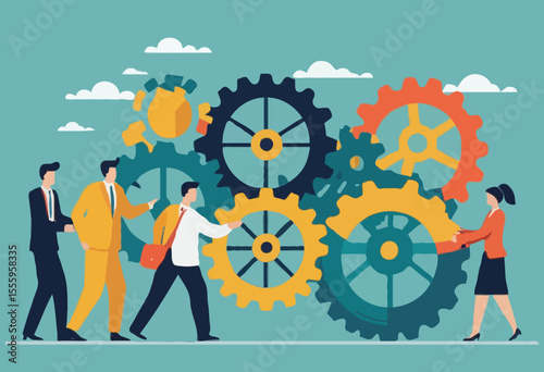 Team working together, teamwork, organization or employee collaboration for success, community or meeting agreement, cooperation concept, businessman woman, people on gear cogwheel working together