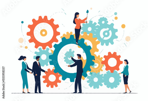Team working together, teamwork, organization or employee collaboration for success, community or meeting agreement, cooperation concept, businessman woman, people on gear cogwheel working together
