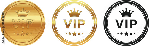Three vip badges in gold and black with crowns and stars on white