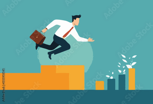 Work experience, skill development or leadership learning, career path motivation, capability or ability to growing in job or project progress concept, businessman jump on working skill experience