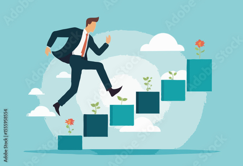 Work experience, skill development or leadership learning, career path motivation, capability or ability to growing in job or project progress concept, businessman jump on working skill experience