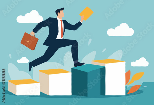 Work experience, skill development or leadership learning, career path motivation, capability or ability to growing in job or project progress concept, businessman jump on working skill experience