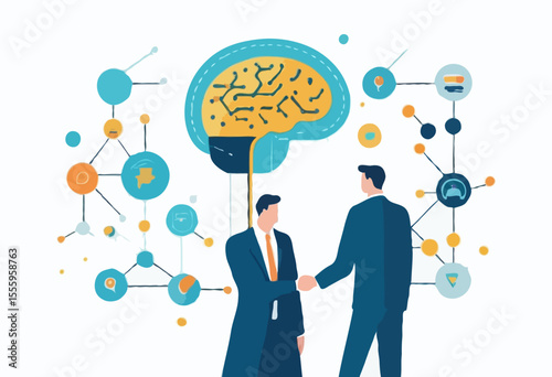 AI machine learning, neural network technology or human to work together with AI artificial intelligence, innovation technology concept, businessman connect human brain with AI chip processing uni