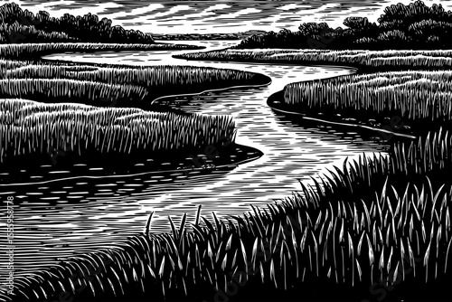 Delta with branching river paths and scattered reeds, a black and white sketch vector hand drawn