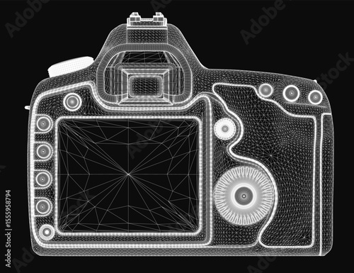 A 3D wireframe model of a digital SLR camera with intricate details, rendered realistically on a sleek black background. The transparent mesh design highlights the camera's structure