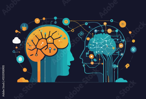 AI machine learning, neural network technology or human to work together with AI artificial intelligence, innovation technology concept, businessman connect human brain with AI chip processing uni