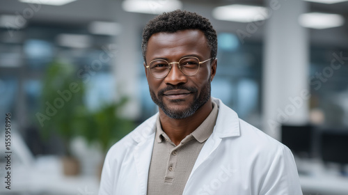 African-American scientist conducting processor research in a high-tech microelectronics lab.