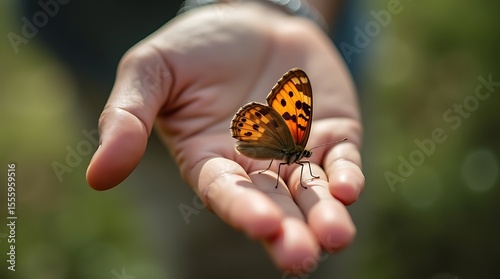 A close-up photograph of a human hand holding a delicate butterfly, with the wings in sharp focus