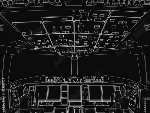 A black and white contour drawing of an aircraft cockpit, featuring a detailed blueprint-style instrument panel with numerous buttons, switches, and controls.
