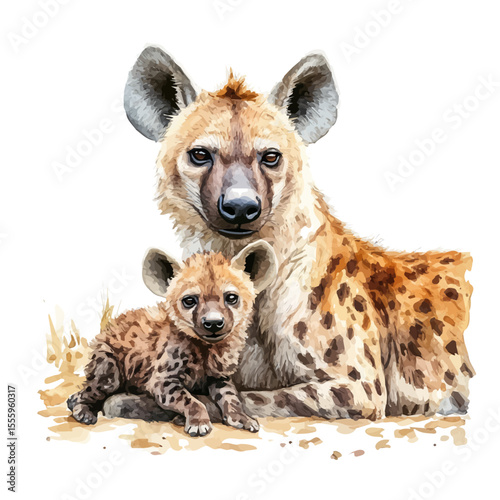 A Mother Hyena With Her Kid, watercolor clipart vector, isolated on a white background.