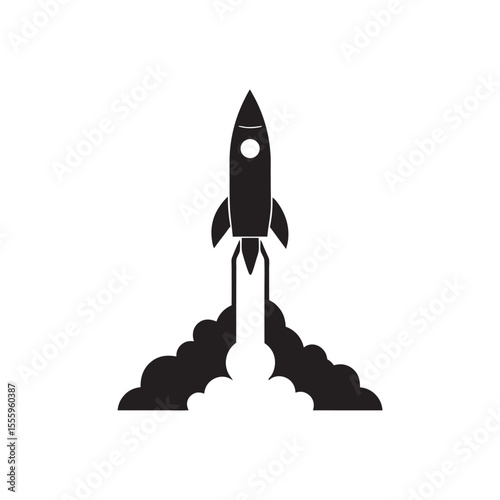 Black and White Rocket Launching with Smoke Trail Illustration Design Concept