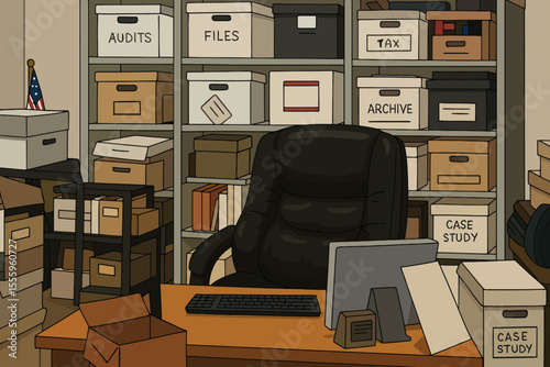 Cartoon Cluttered Office Archive Vector Illustration – Desk and File Storage Room
